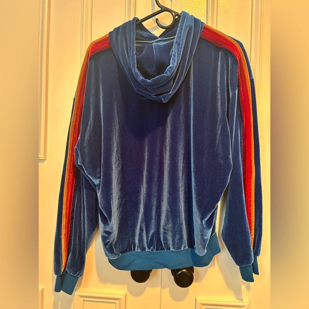 Aviator Nation Teal Velour Hoodie with Red & Yellow Sleeve Stripes - Picture 4 of 5